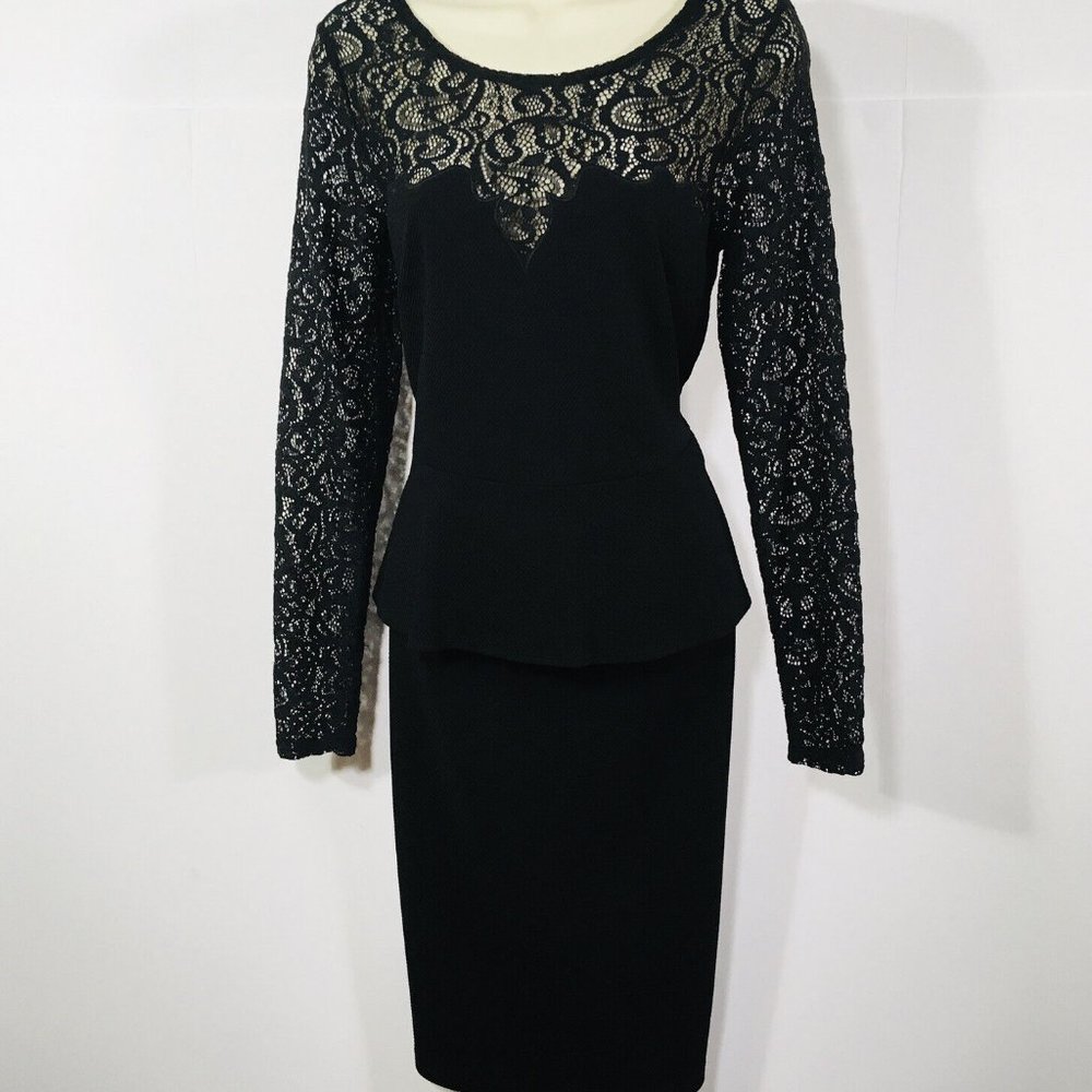 THALIA SODI Little Black Dress SzS Peplum Waist Sheer Lace Top & Sleeve Zipper